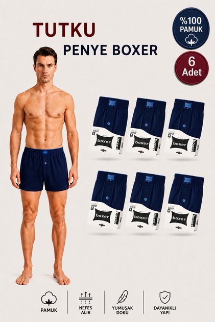 Men's Combed Cotton Boxer 6 Pieces 100% Cotton (Tutku Authorized Seller) Towel Waist Buttoned Cotton Comfortable Fit Breathable Fabric - Navy Blue