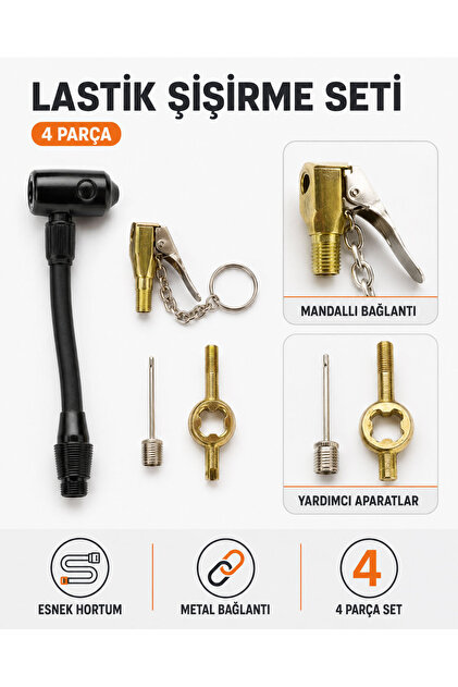 4 Parça Lastik Şişirme Aparatı Seti – Mandallı Sibop Ucu, Esnek Hortum ve Top Şişirme İğnesi