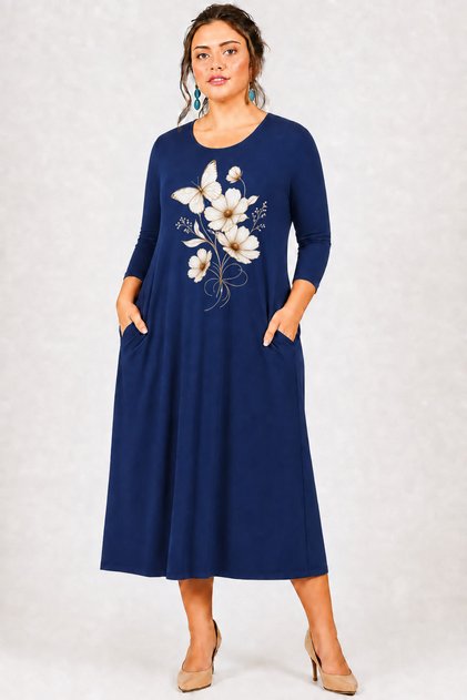 Plus Size White Butterfly Floral Print Wide Cut Long Sleeve Viscose Dress Navy Blue