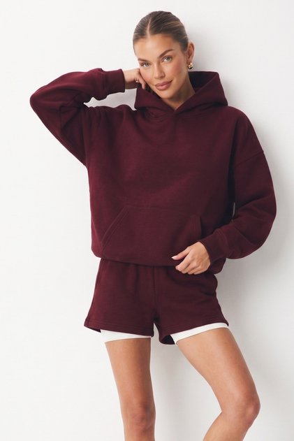 Unisex Oversize Basic Hoodie Sweatshirt Claret Red – Hooded, Kangaroo Pocket, 3-Thread Ripped Fleece