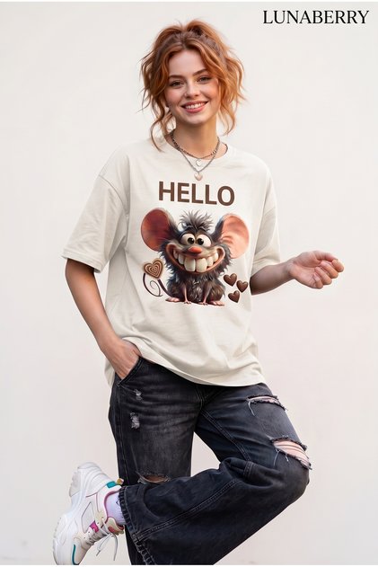 Unisex White T-Shirt Tatlışko Funny Mouse Oversize
