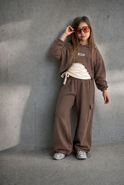 Drawstring Detailed Crop Sweatshirt and Cargo Pants Girls' 3-Piece Set - Brown