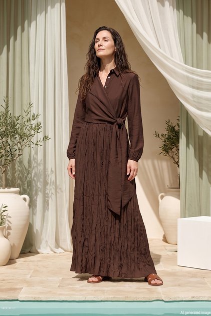 Waist-Tied Nile Dress with Latik Detail on the Sleeves 747 Brown