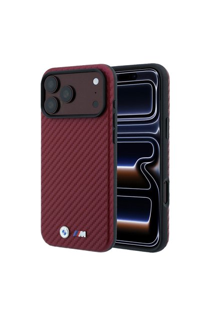 iPhone 18 Pro Max Kılıf Lisanslı M-safeli Karbon Fiber ve Metal Logolu PU Deri Kapak Bordo