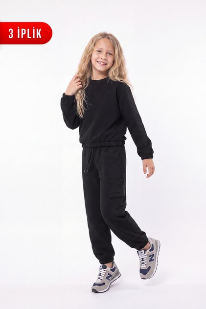 3 Thread Girls' Plain Low Waist Sweatshirt Crew Neck Sweatpants Set