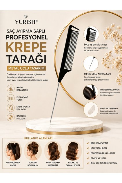 Saç Ayırma Saplı Profesyonel Krepe Tarağı Metal Uçlu Kuaför Tarağı