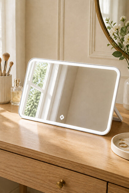 Büyük Boy Dikdörtgen LED Işıklı Makyaj Aynası Dokunmatik Masaüstü Ayna 35 x 24 cm – Beyaz