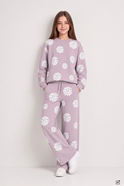 Gül Kurusu Girl's Embossed Print Raised Print Crew Neck Wide Leg Tracksuit Set 24786