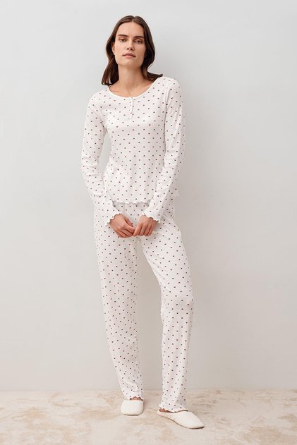 Long Sleeve Heart Buttoned 100% Cotton Pajama Set