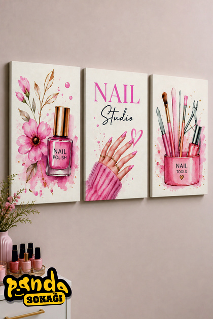Nail Studio 3’lü Ahşap Duvar Tablosu 30x42 cm – Tırnak & Manikür Temalı UV Baskı Dekoratif Tablo Seti