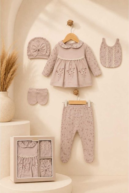 Baby Girl Set of 5 Newborn Hospital Release 100% Cotton Dress with Floral Detail Stylish Gift Set-Boxed