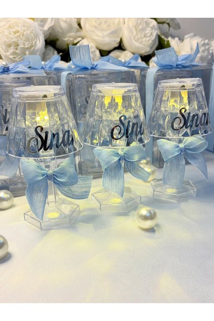 Mini Abajur Mavi Fiyonklu Dekoratif Hediyelik Baby Shower Nişan Bebek Hediyelik 30 Adet