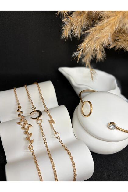 Gold Color Multiple Steel Bracelet Set Moon Crescent Lightning Bolt