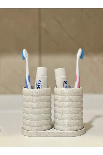 Modern Bathroom Organizer V2 - Toothbrush Holder Set - Set of Two - Light Marble White - 10cm