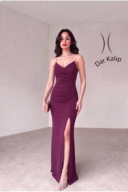 Rochie de seară cu bretele din material scuba, cu detaliu de piatră, cu bretele subțiri, cu fante, roșie