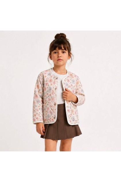 Patterned Quilted Seasonal Coat for Girls with Snap Fasteners on the Front