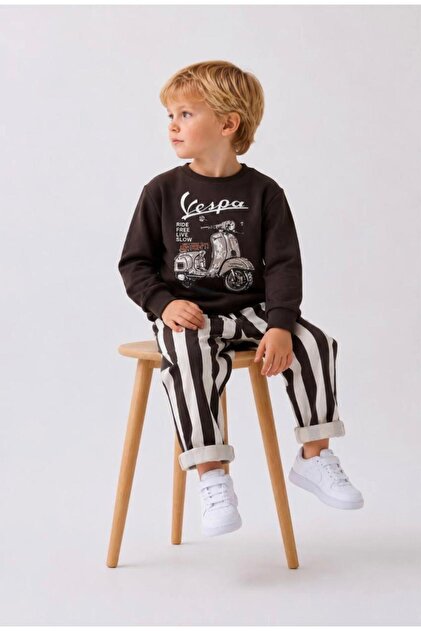 Erkek Çocuk Vespa Baskılı Sweatshirt Çizgili Pantolon Alt Üst Takım