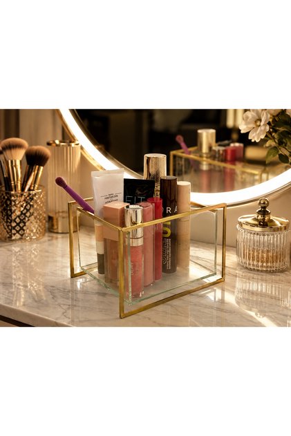 Elegant Gold Organizer Makeup Glass Box