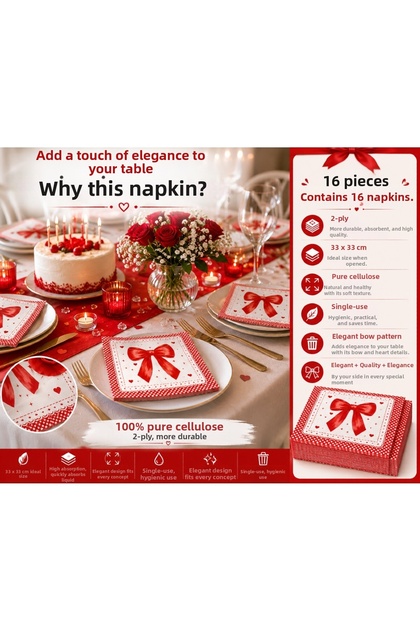 Bow Patterned 16-Piece Party Napkins 33X33 cm | Stylish Napkin with Bow | Birthday Baby Shower Special Day | Pink Black Red Lilac