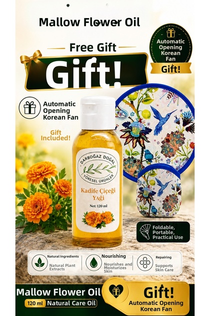 Marigold Oil 120 ml – Herbal Natural Care Oil + Automatic Opening Korean Fan Gift