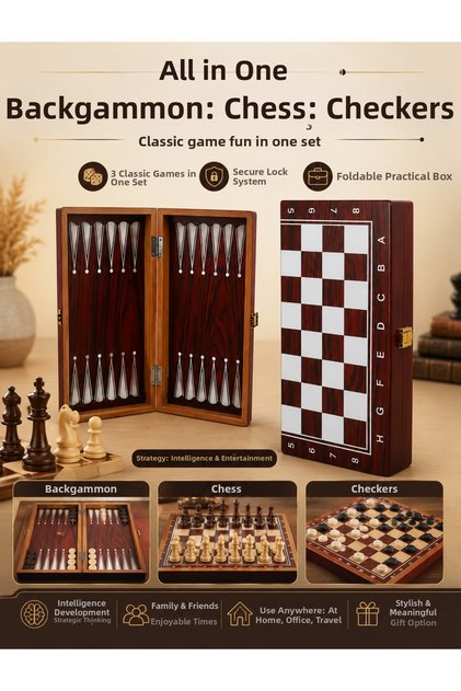 3-in-1 Wooden Chess Checkers Backgammon Set Foldable Interlocking Pieces Classic Game Set Gift Set 34cm