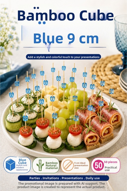 50-Piece Blue Cube Bamboo Toothpicks 9 cm Party Invitation Cocktail Sofa Presentation Toothpicks Organization Tableware Set