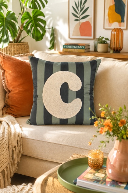 Punch Embroidered Cushion Cover - 43*43 cm - Green Letter C - Pnk001