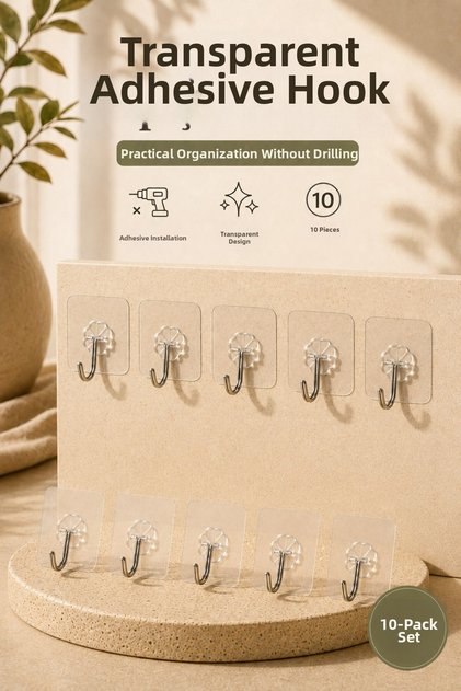 Transparent Adhesive Hanger Hook with Metal Hook for Mounting Without Drilling (10 Pieces)