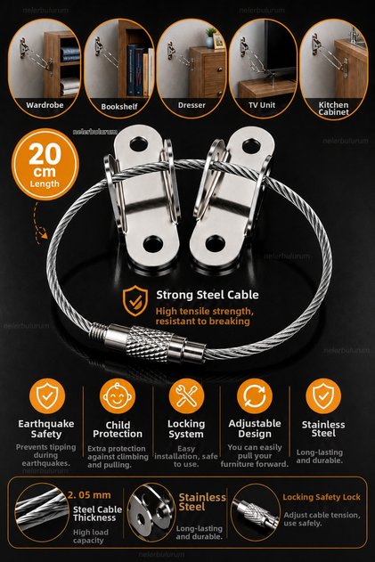 Steel Rope Earthquake Cabinet and Furniture Screw Fixing Device – Wardrobe Bookshelf Tv Unit Anti-Tip Earthquake Anti-Tip Child Safety Earthquake Safety Fixing Device