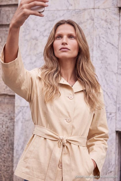 Wardrobe Essentials Bej Oversize Cep Detaylı Midi Mono Kapama Trençkot TWOAW27TR00019