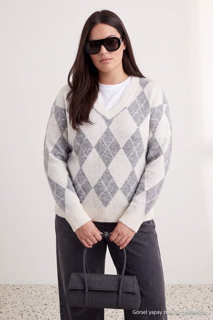 Ecru Baklava Patterned Soft Textured V-Neck Knitwear Sweater Tbbaw27An00011