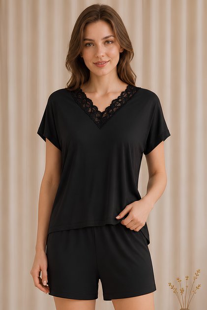 Women's Black Short-Sleeved V-Neck Lez Lace Viscose Shorts Set with Pockets 2-Piece Top and Bottom Pajama Set 94% Viscose 6% Elastane Knitted Fabric Ring Quality Comfortable Stylish Comfortable Home Wear Homewear