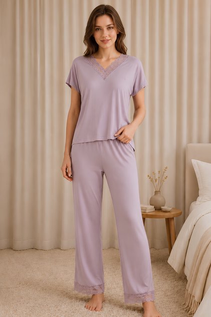 Women's Mink Short Sleeve V-Neck Lez Lace Viscose Pajama Set Embroidered Long Bottom Top 2-Piece Home Wear Sleep Set 94% Viscose 6% Elastane Knitted Fabric Ring Quality Comfortable Stylish Homewear