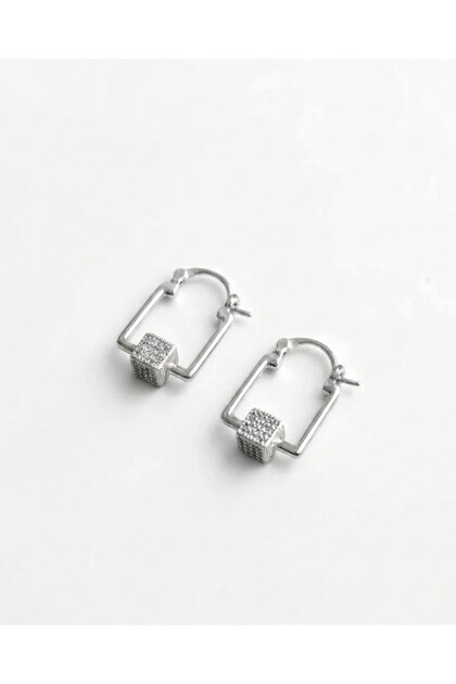 Special Series Zircon Stone Cube Detailed Rectangular Steel Earrings - 1.7 cm