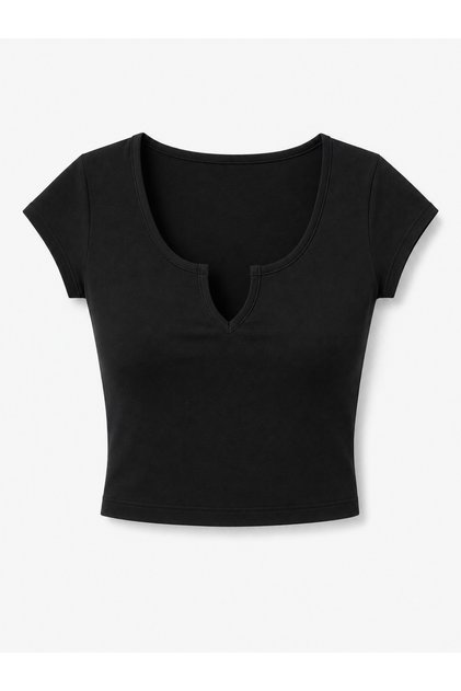 Women's Black V-Neck Lycra Ribbed Short Sleeve Crop Body