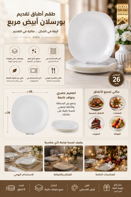 طقم أطباق تقديم بورسلان أبيض مربع بحواف ناعمة – 6 قطع، مقاس 26 سم – تصميم أنيق للسفرة والضيافة