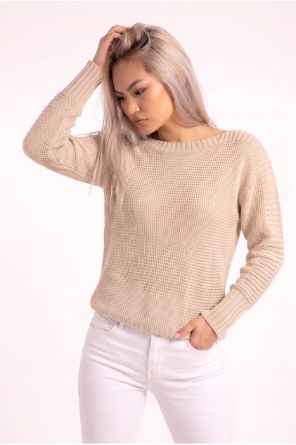 New Season, Women's Stone Acrylic Knit Sweater, Batwing Sleeve, Boat Neck, Long Sleeve