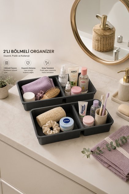 WH-72 Anthracite 2 Compartment Organizer Multi-Purpose Plastic Organizer for Drawer Cabinet