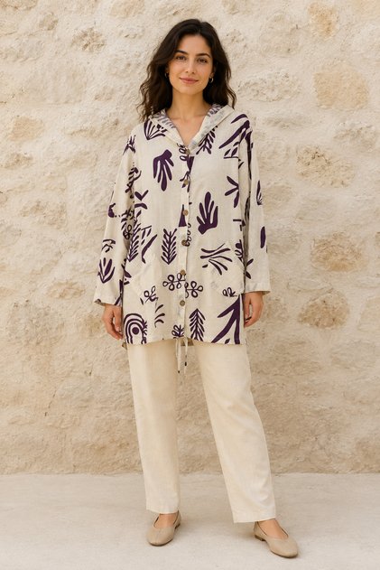 Women's Linen Printed Hooded Long Sleeve Buttoned Jacket 42-50