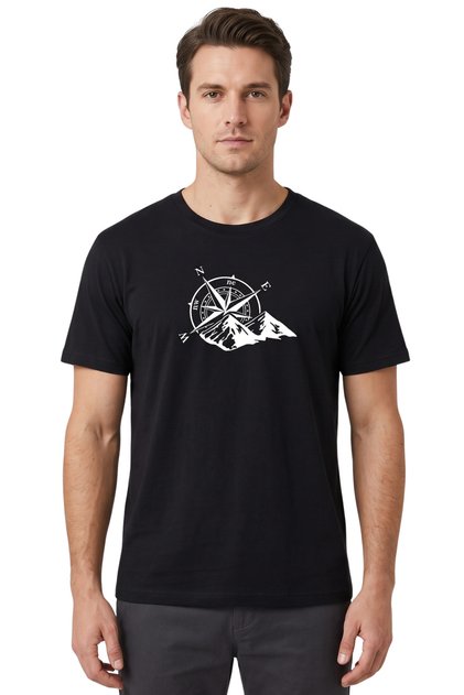 Black Color Basic Traveler's Compass Printed Men's T-shirt