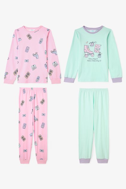 Kız Çocuk Retro Oyuncak Desenli Pamuklu Uzun Kollu 2'li Pijama Takımı