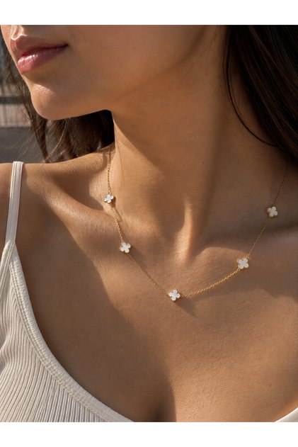 Mini Yonca Gold Renk Model Kadın Çelik Kolye-Kararmaz