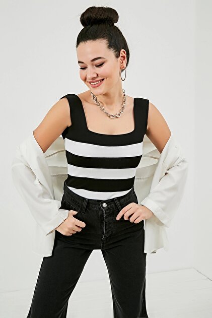 Black and White Striped Thick Strap Square Neck Blouse