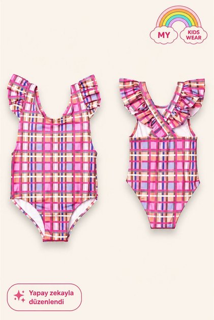 Girl's Ruffle Detailed Stylish Design Cross Strap Swimsuit 12734