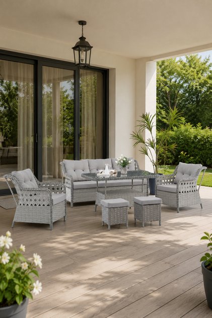 Deniz Rattan Puflu Bahçe Balkon Takımı 3+1+1 Gri