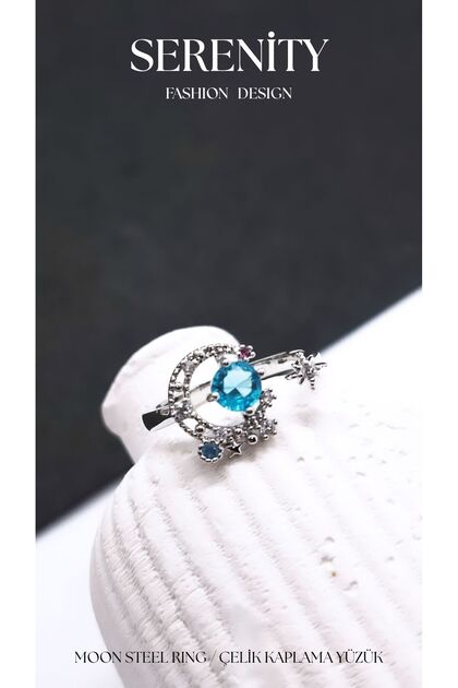 Blue Crescent Stone Steel Plated Ring