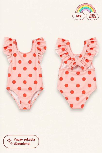 Girl's Ruffle Detailed Stylish Design Cross Strap Swimsuit 12725