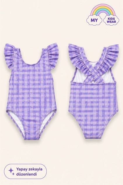 Girl's Ruffle Detailed Stylish Design Cross Strap Swimsuit 12736