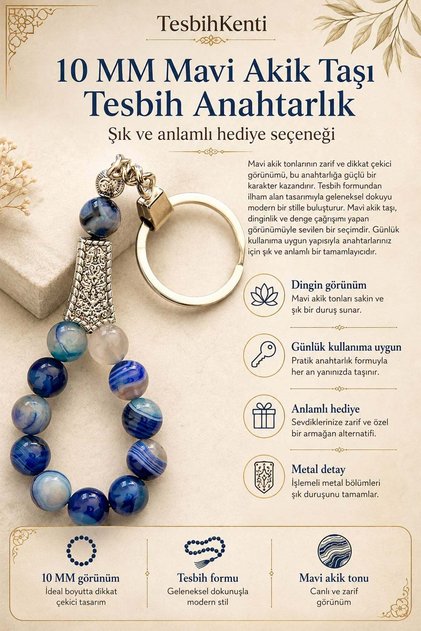 10 MM Blue Agate Stone Rosary Keychain