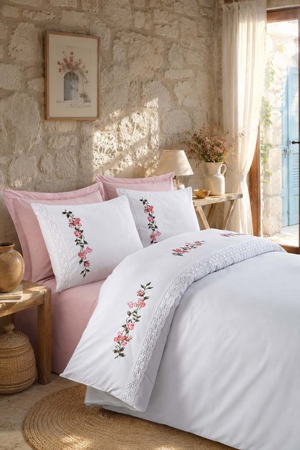 Single Lace Floral Embroidered Duvet Cover Set-White&Pink